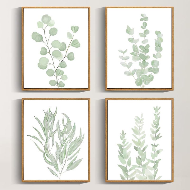 Drsoum Framed Botanical Plant Canvas Wood Wall Art Light Green Sage Wall Decor Eucalyptus Leaf Picture for Bedroom Living Room Bathroom Office 8â€x 10â€ x 4pcs - Image 1