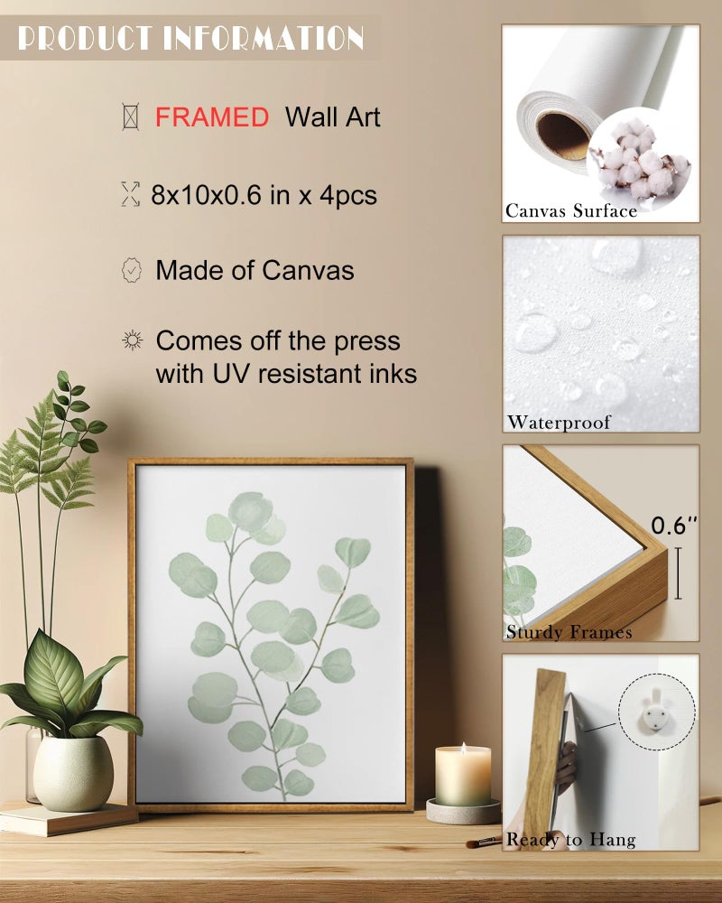 Drsoum Framed Botanical Plant Canvas Wood Wall Art Light Green Sage Wall Decor Eucalyptus Leaf Picture for Bedroom Living Room Bathroom Office 8â€x 10â€ x 4pcs - Image 3
