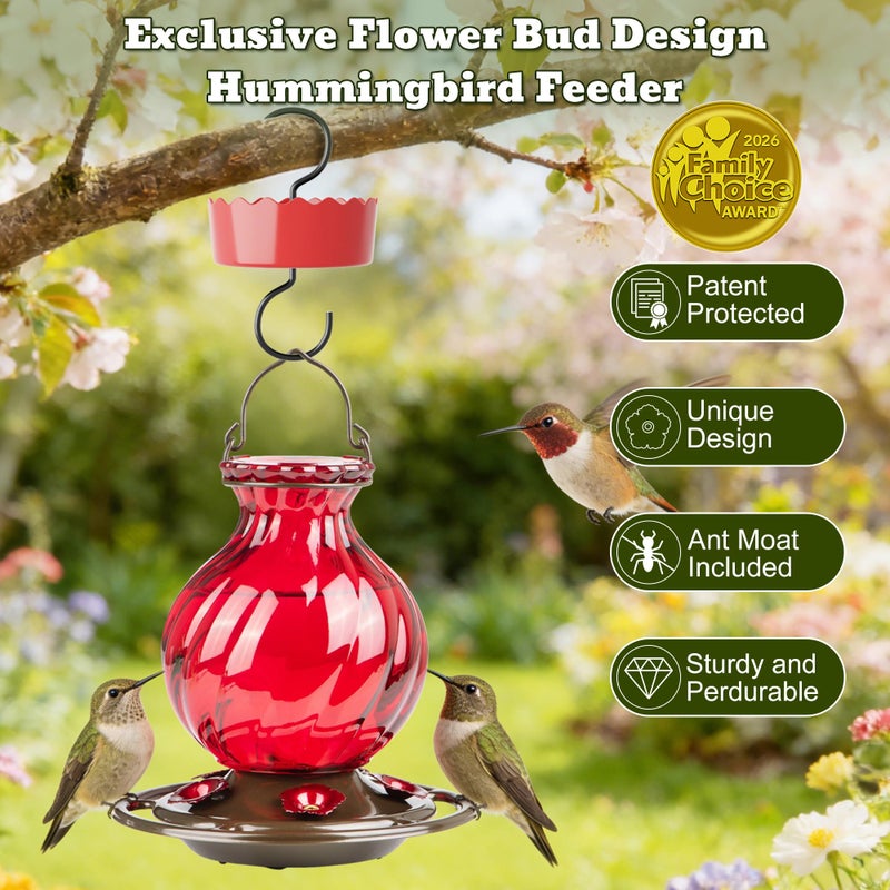 Auslar Hummingbird Feeder, Auslar 26 Ounces Glass Hummingbird Feeders for Outdoors Hanging Ant and Bee Proof, Ant Moat & 5 Flower Feeding Ports, Rustproof, Leakproof, Netted Flower Bud Shape Bottle, Red - Image 2