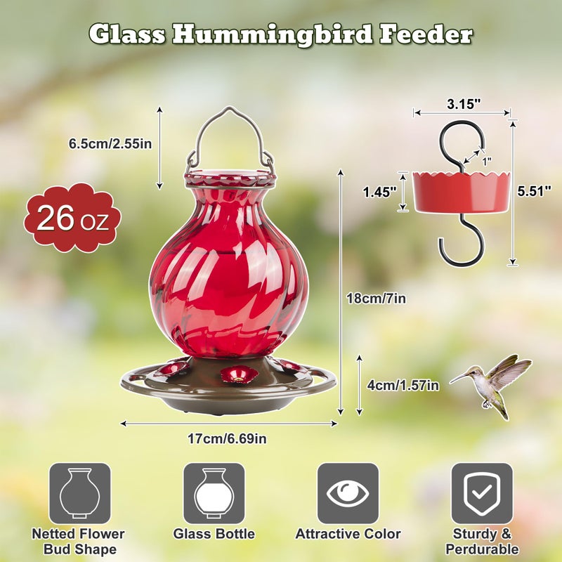 Auslar Hummingbird Feeder, Auslar 26 Ounces Glass Hummingbird Feeders for Outdoors Hanging Ant and Bee Proof, Ant Moat & 5 Flower Feeding Ports, Rustproof, Leakproof, Netted Flower Bud Shape Bottle, Red - Image 3