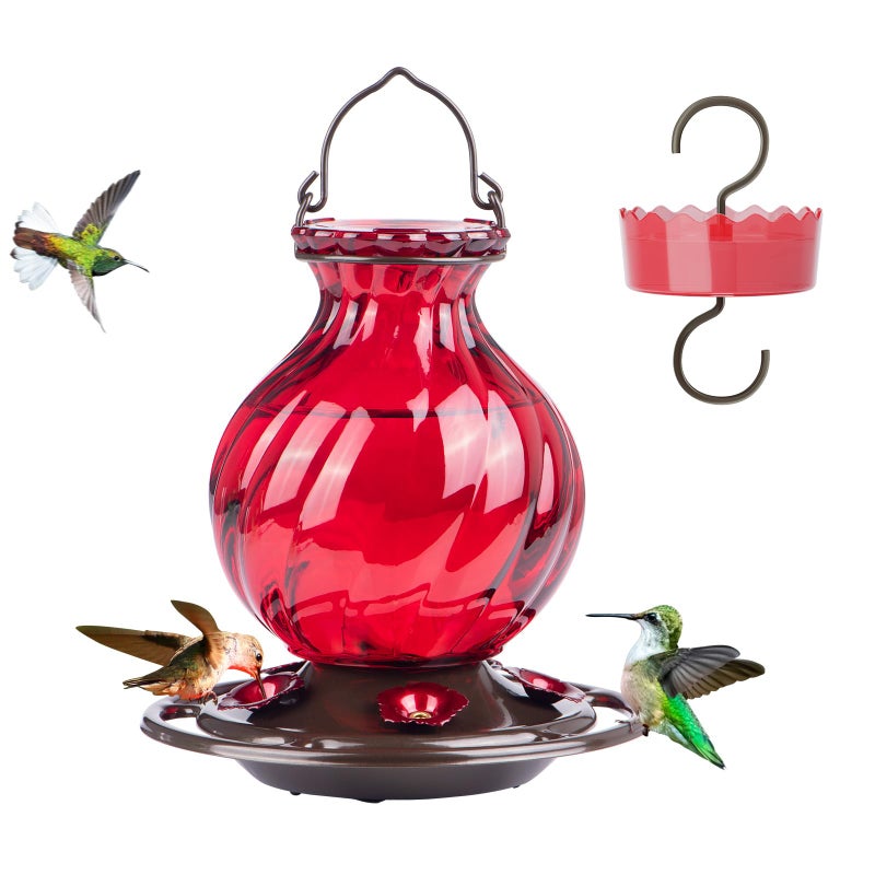 Auslar Hummingbird Feeder, Auslar 26 Ounces Glass Hummingbird Feeders for Outdoors Hanging Ant and Bee Proof, Ant Moat & 5 Flower Feeding Ports, Rustproof, Leakproof, Netted Flower Bud Shape Bottle, Red - Image 1