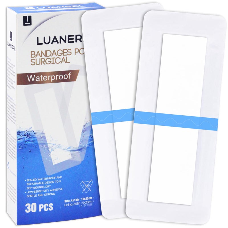 luanerl 30 Pack 4"x10" Waterproof Adhesive Island Dressing for Post-Surgery Recovery | Sterile Bordered Gauze Bandages with Non-Stick Pad for Knee/Hip Replacement, Surgical Incision Care & Shower Protection - Image 1