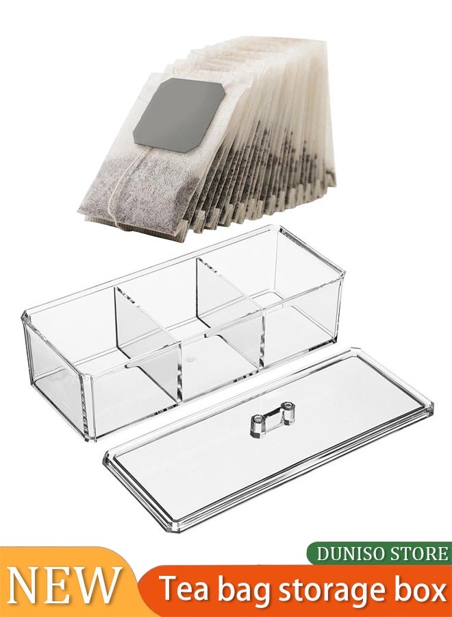DUNISO 3 Lattices Tea Bags Holder, transparent tea bag storage with lid, tea bag partition storage rack, food storage storage container, suitable for cabinets, countertops, coffee, seasoning bags, tea leaves - Image 1