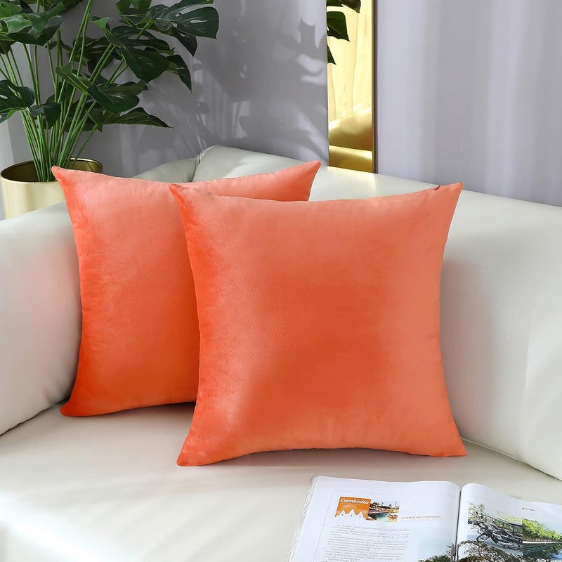 mixeoo Comfy Peach Coral Throw Pillow Covers Decorative Square Solid Velvet Super Soft Cushion Cases Home Decor for Sofa Couch, Set of 2, 14 x 14 Inch - Image 2