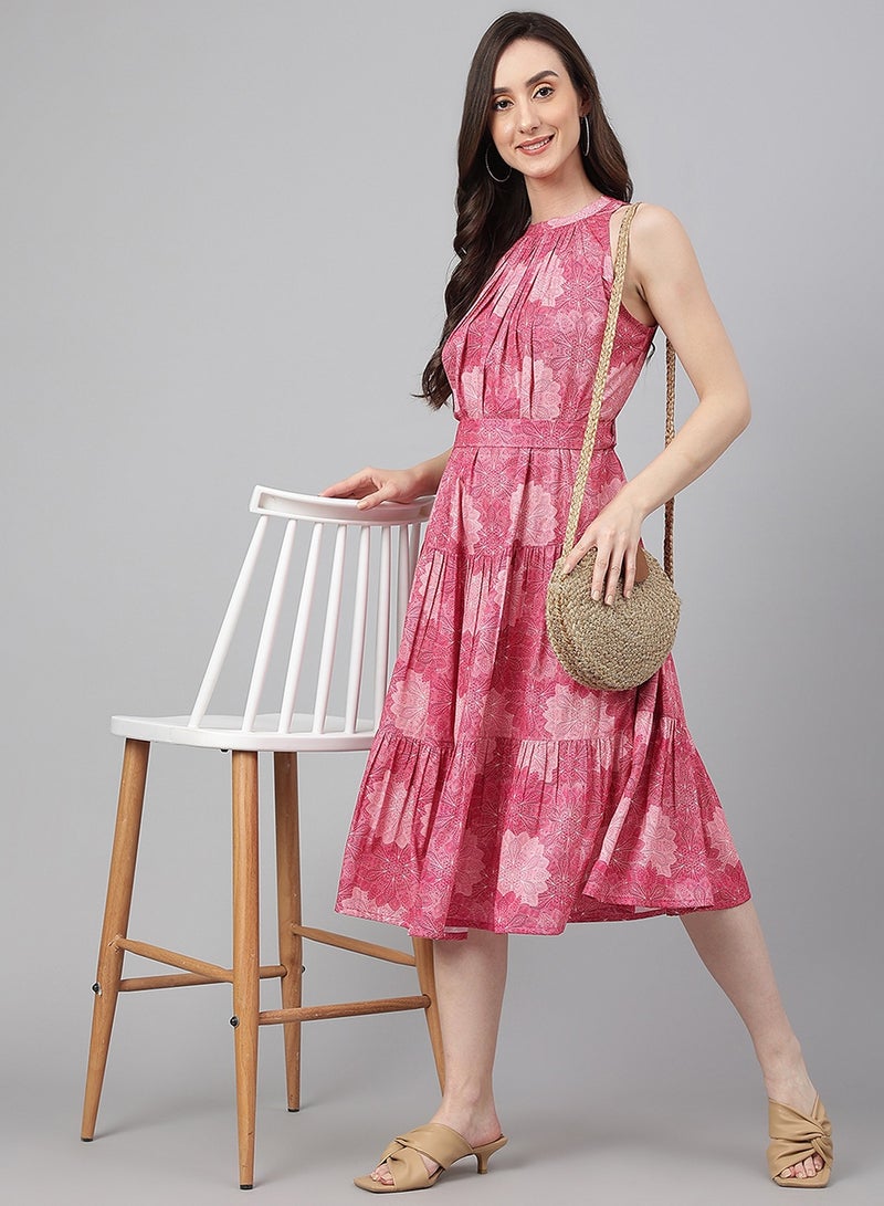 IndHeritage Premium Sleeveless Dress - Latest collection - Beautiful pure georgette pink colour calf length dress - Stylish trending Indo Western Dress - Image 1