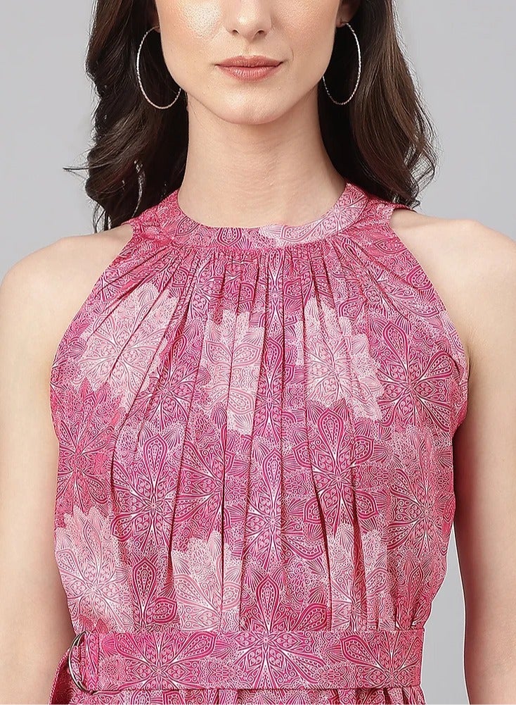 IndHeritage Premium Sleeveless Dress - Latest collection - Beautiful pure georgette pink colour calf length dress - Stylish trending Indo Western Dress - Image 4