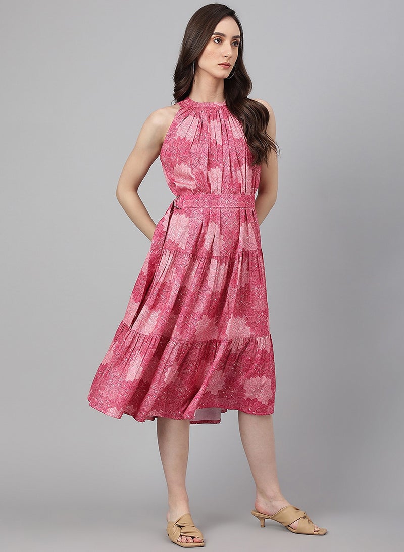 IndHeritage Premium Sleeveless Dress - Latest collection - Beautiful pure georgette pink colour calf length dress - Stylish trending Indo Western Dress - Image 2