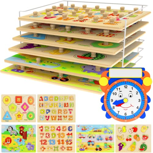 Asher and Olivia Premium Puzzles for Toddlers and Rack Set 7 Pack Includes 1 Learning Clock 6 Alphabet Numbers Shapes Animals Cars Fruits Puzzles - Image 1