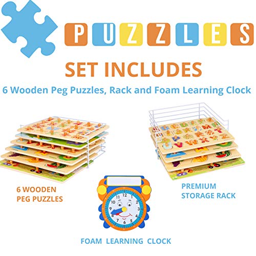 Asher and Olivia Premium Puzzles for Toddlers and Rack Set 7 Pack Includes 1 Learning Clock 6 Alphabet Numbers Shapes Animals Cars Fruits Puzzles - Image 5