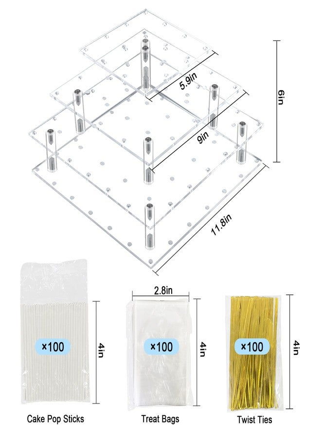 LoveDisplay Cake Pop Stand, 3 Tier Square Lollipop Holder with 300 Pcs Accessories, Clear Acrylic Cakepop Display Stand 56 Holes for Birthday, Wedding, Party, Halloween, Christmas Candy Decorative - Image 3