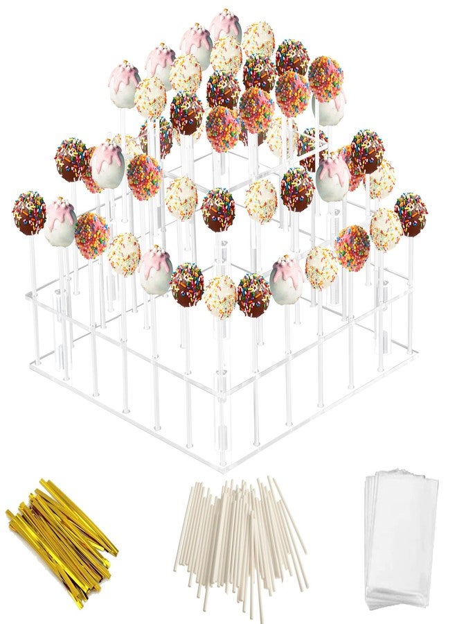 LoveDisplay Cake Pop Stand, 3 Tier Square Lollipop Holder with 300 Pcs Accessories, Clear Acrylic Cakepop Display Stand 56 Holes for Birthday, Wedding, Party, Halloween, Christmas Candy Decorative - Image 1