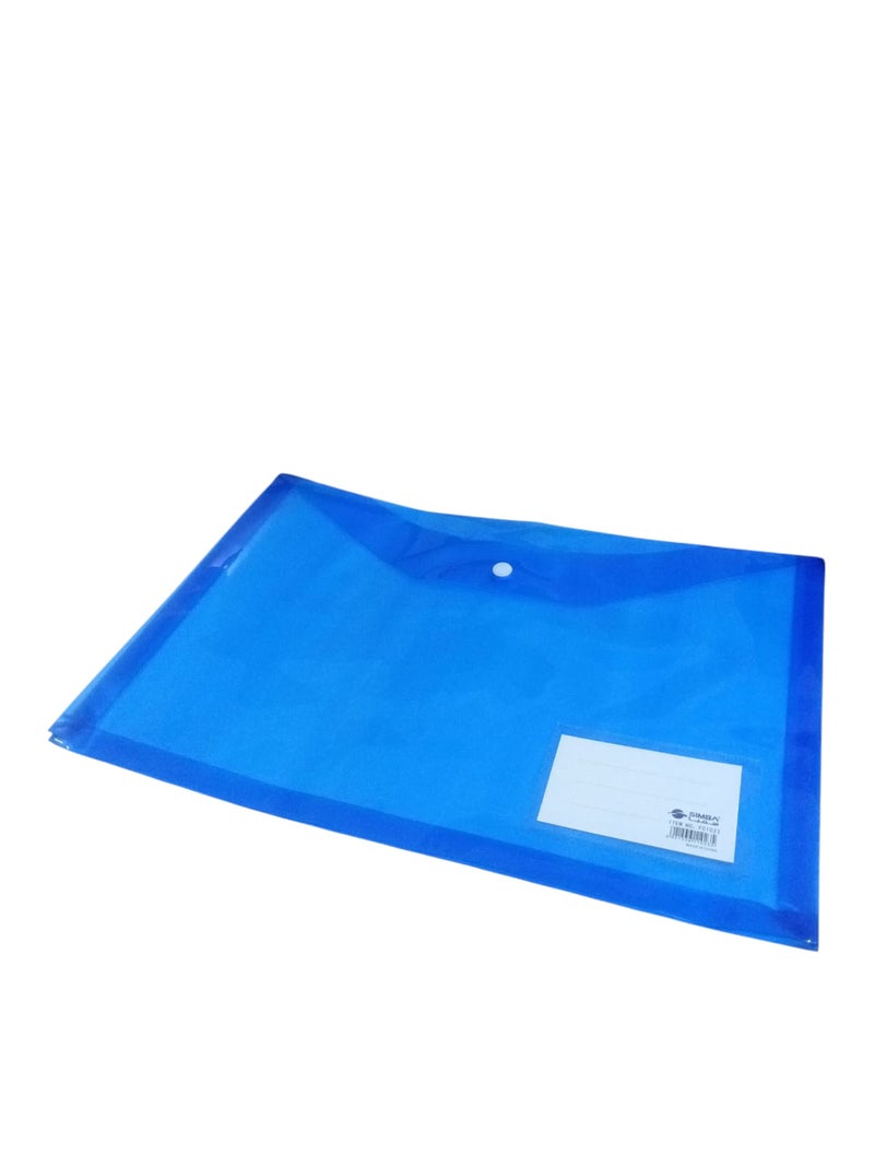 Simba Snap Button Folder Transparent with Name Card and Side Gusset Blue 180 Micron Foolscap Model FC1023