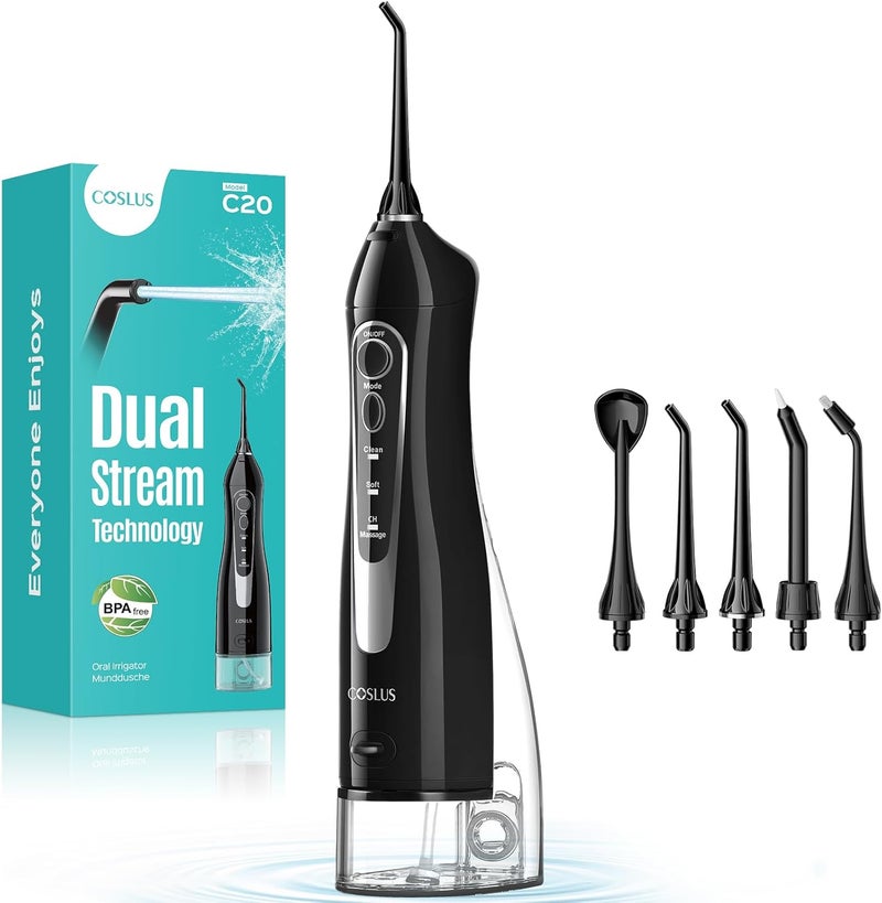 كوسلوس C20 Water Flosser: خيط تنظيف بالماء للعناية بالأسنان واللثة، لاسلكي، خزان مياه كبير، تنظيف عميق، قابل لإعادة الشحن، مقاوم للماء، خالي من مادة BPA، متعدد الفوهات، مناسب للاستخدام المنزلي وأثناء السفر، اللون أسود. - Image 1