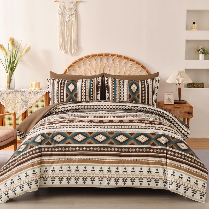 Dinjoy Boho King Size Bed in A Bag 7 Pieces,Brown/Coffee Comforter Set Aztec Striped Fall Bedding Set Bohemian Patchwork Complete Set Geometric Pattern Comforters for Women Men 90"Ã—104" - Image 1