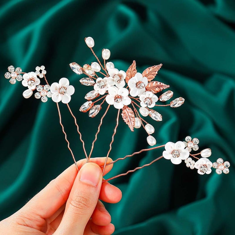 Gorais Flower Wedding Hair Pins Crystal Bridal Hair Pieces Pearl Bride Hair Clips Hair Accessories for Women and Girls Pack of 3