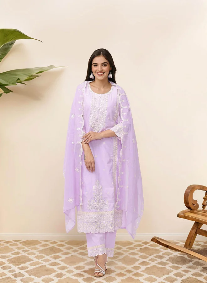 ISHIN Ethnic Motifs Embroidered Pure Cotton Straight Kurta With Trousers & Dupatta