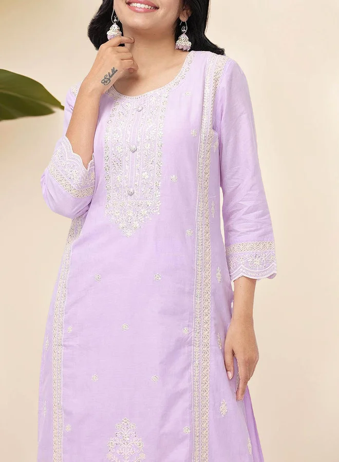 ISHIN Ethnic Motifs Embroidered Pure Cotton Straight Kurta With Trousers & Dupatta