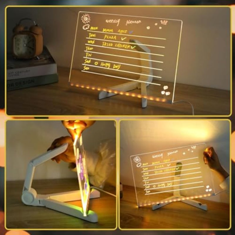 لوحة ملاحظات LED، لوحة مسح جافة أكريليك مقاس 30 × 20 سم مع ضوء، لوحة إضاءة سحرية، لوحة بيضاء مضيئة مع قلم 7 ألوان وحامل قابل للتعديل، للمكتب والمنزل والمدرسة، هدية لـ - Image 5