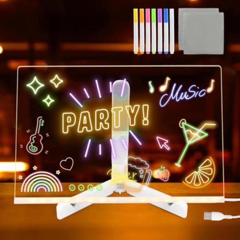 لوحة ملاحظات LED، لوحة مسح جافة أكريليك مقاس 30 × 20 سم مع ضوء، لوحة إضاءة سحرية، لوحة بيضاء مضيئة مع قلم 7 ألوان وحامل قابل للتعديل، للمكتب والمنزل والمدرسة، هدية لـ - Image 1