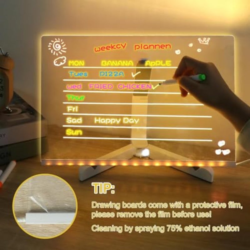 لوحة ملاحظات LED، لوحة مسح جافة أكريليك مقاس 30 × 20 سم مع ضوء، لوحة إضاءة سحرية، لوحة بيضاء مضيئة مع قلم 7 ألوان وحامل قابل للتعديل، للمكتب والمنزل والمدرسة، هدية لـ - Image 2