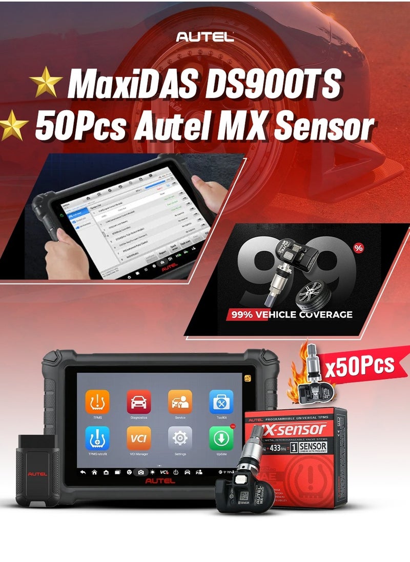 Autel Autel DS900TS + 50 TPMS Sensors – All-in-One Diagnostic & Sensor Bundle – Full System Scan Tool, TPMS Programming, Key Coding – Ideal for Workshops & Tire Centers 