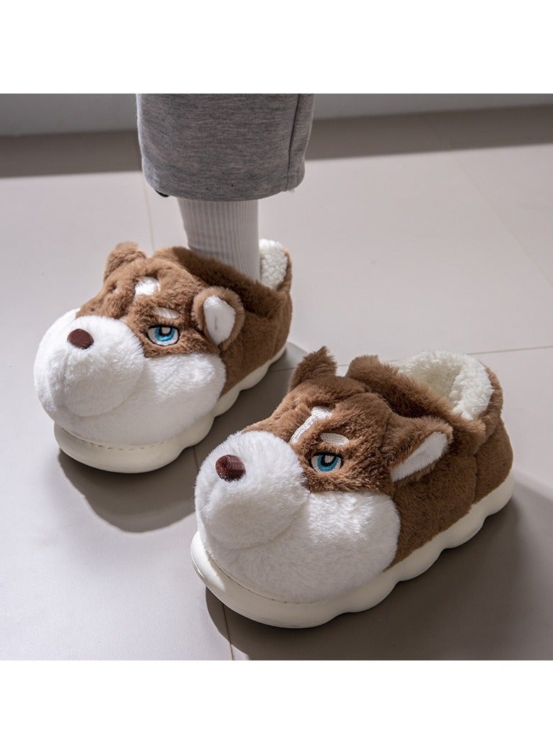 Style نعال هاسكي فاخرة بتصميم كرتوني حيواني، نعال مضادة للانزلاق، أحذية منزلية مريحة، نعال كلب فuzzy لطيفة لخريف وشتاء