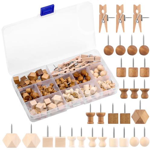114 Pcs Wood Push Pins 2 Colors and 7 Types Decorative Thumb Tacks Wooden Head Pin Map Tacks Marking Pin Wood Thumb Tacks Decorative for Bulletin Boards Craft Projects with Storage Box