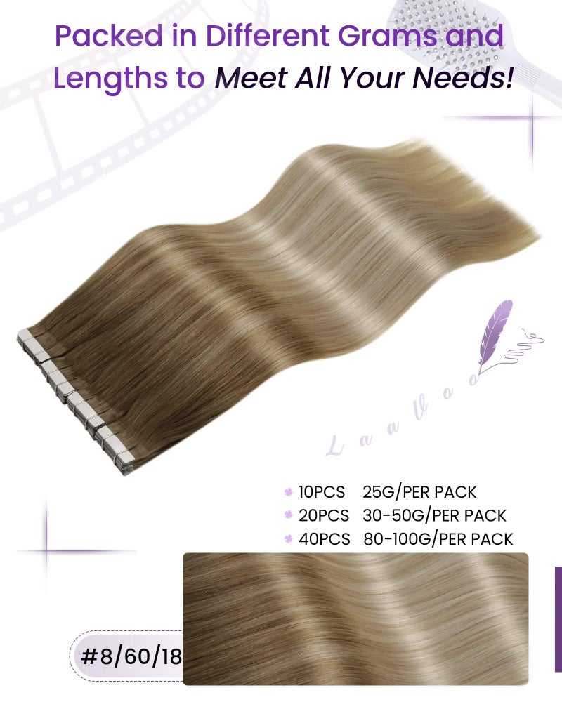 LaaVoo Tape in Extensions Balayage Blonde Human Hair Tape in Hair Extensions Light Brown to Ash Blonde Mix Platinum Blonde Hair Extensions Tape on Real Human Hair 18inch 50g 20pcs - Image 3
