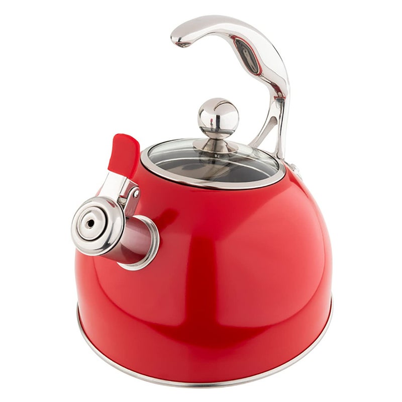 Viking 3Ply Stainless Steel Tea Kettle 26 Quart Whistling Hot Water Tea Pot for Stovetop Tempered Glass Lid and Ergonomic Handle Induction Ready Red
