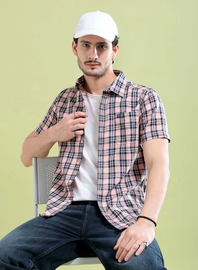 The Indian Garage Co Men Slim Fit Checkered Half Sleeves Spread Collar Casual Shirt