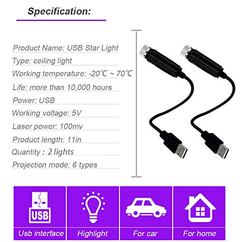 BAILONGJU USB Night Light, Star Projector Night Light, Interior Car Lights, Bending Freely Portable Atmospheres Decoration for Car, Ceiling, Bedroom, Party 2 PCS - Image 2