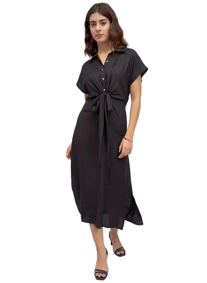 دينيس لينغو Black Regular Fit Midi Dress for Women - Viscose Moss, Half Sleeves, Casual