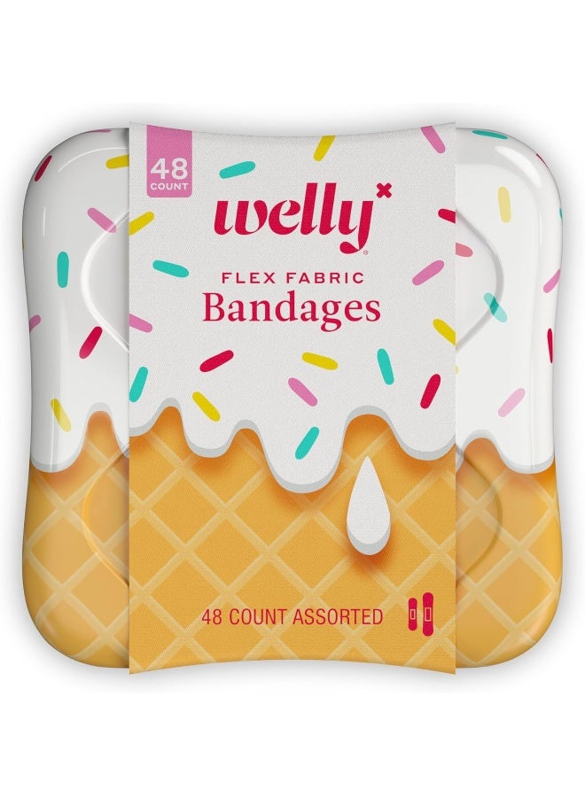 Welly Bandages | Adhesive Flexible Fabric Bravery Badges | Assorted Shapes for Minor Cuts, Scrapes, and Wounds | Colorful and Fun First Aid Tin | Ice Cream Patterns - 48 Count - Image 1