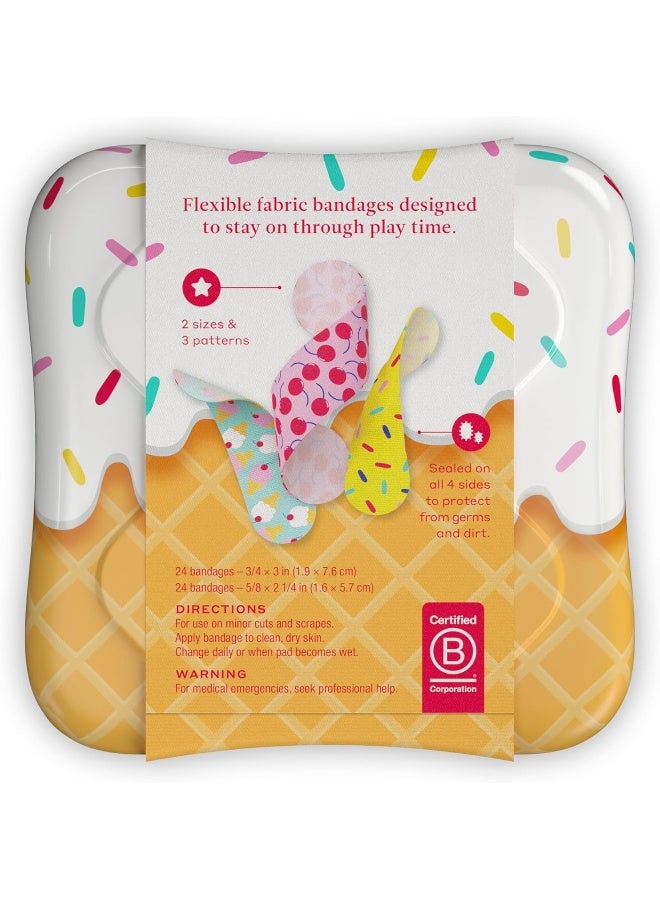 Welly Bandages | Adhesive Flexible Fabric Bravery Badges | Assorted Shapes for Minor Cuts, Scrapes, and Wounds | Colorful and Fun First Aid Tin | Ice Cream Patterns - 48 Count - Image 2