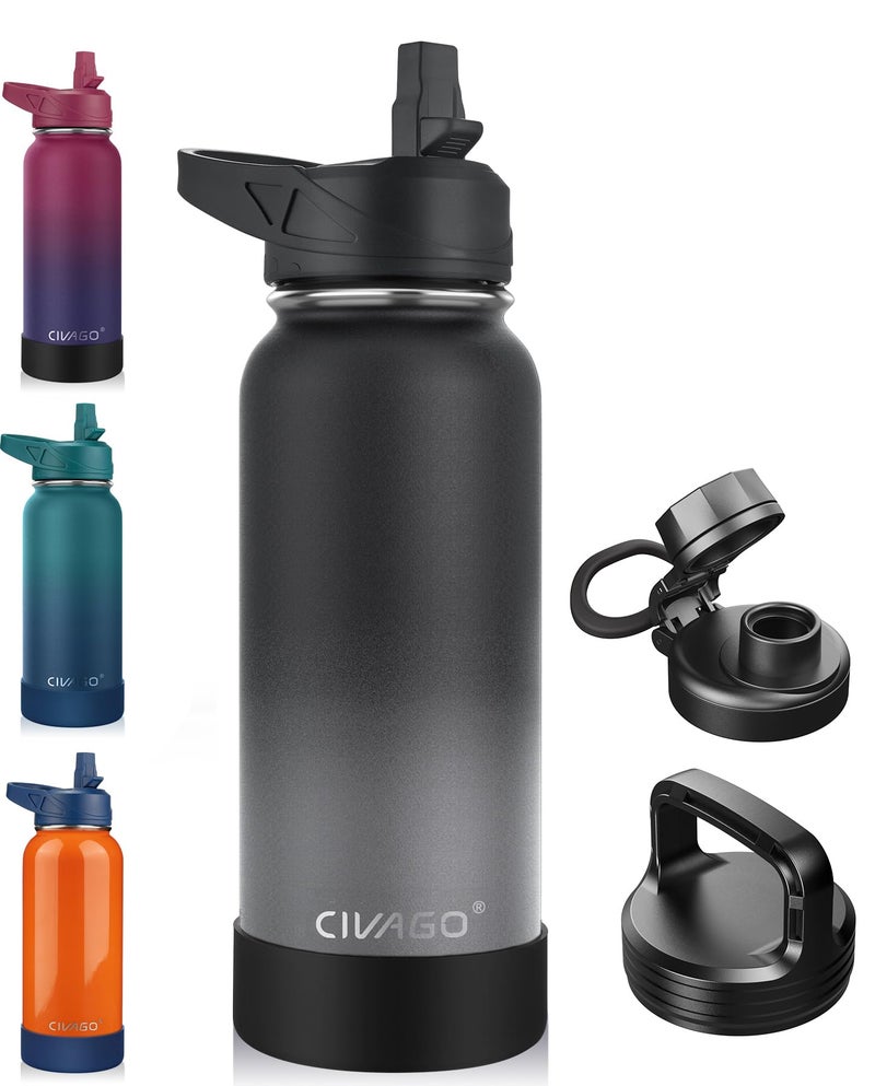 CIVAGO 32 oz Insulated Water Bottle With Straw, Stainless Steel Sports Water Cup Flask with 3 Lids (Straw, Spout and Handle Lid), Wide Mouth Travel Thermal Mug, Classic Omber Gray - Image 1