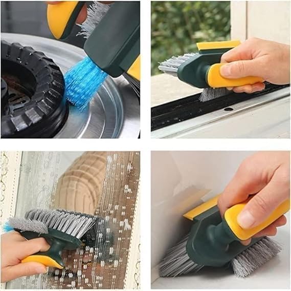 DREWIT STAR Tile Grout Cleaner Brush 4 in 1 with Squeegee,Bathroom Cleaning Brushes,V-Shape Gap Scrub Brush Crevice Cleaning Brush Tools, Multifunctional scrubbing Floor Brush (Yellow & Green) - Image 3