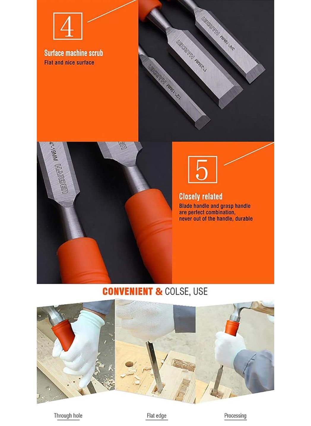 Harden Harden 3Pcs 13mm 19mm 25mm Durable Woodwork Wood Carving Chisel Set CRV Steel Sharp Edge Ergonomic Handle 611001  - Image 4