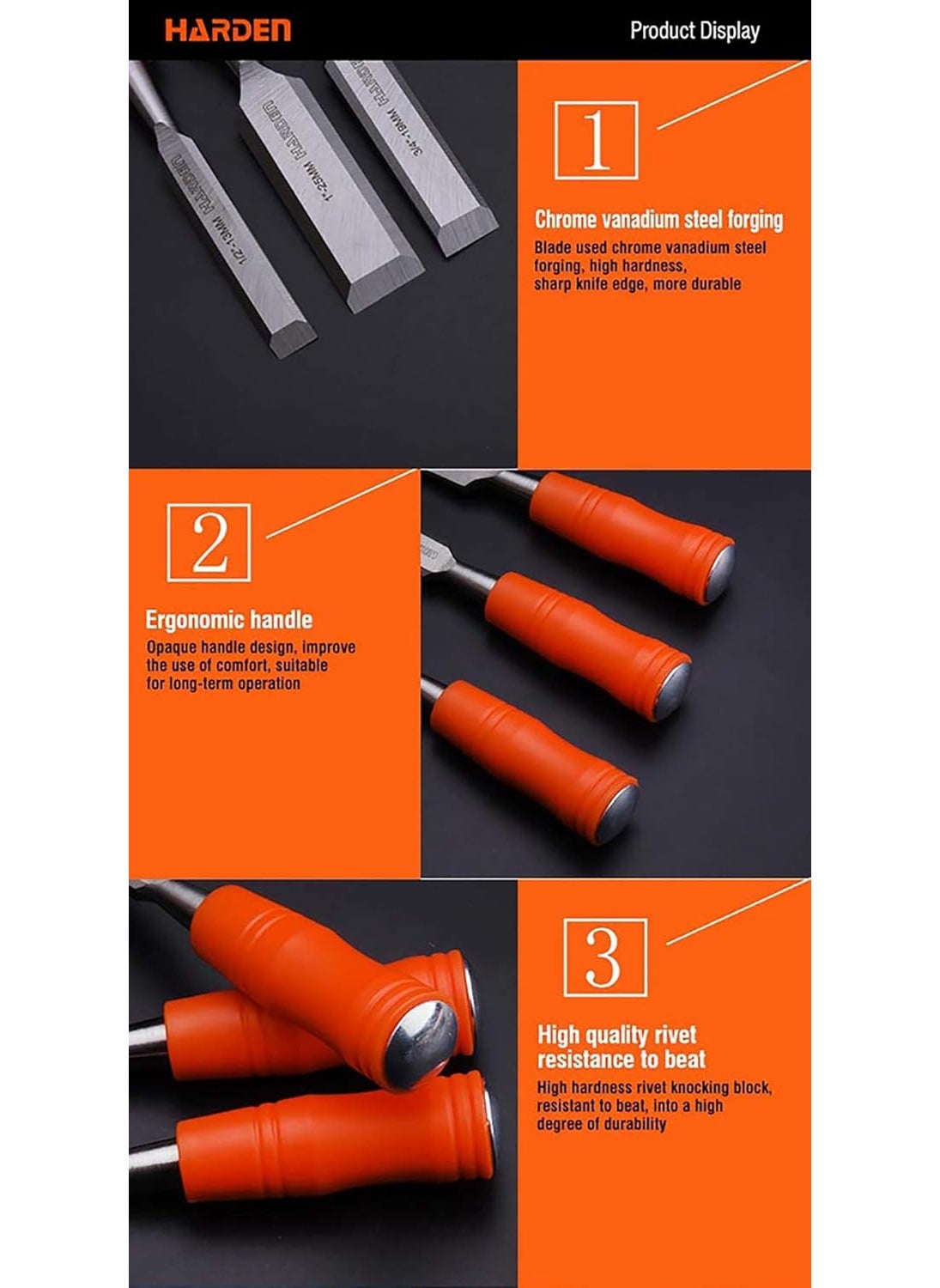 Harden Harden 3Pcs 13mm 19mm 25mm Durable Woodwork Wood Carving Chisel Set CRV Steel Sharp Edge Ergonomic Handle 611001  - Image 3