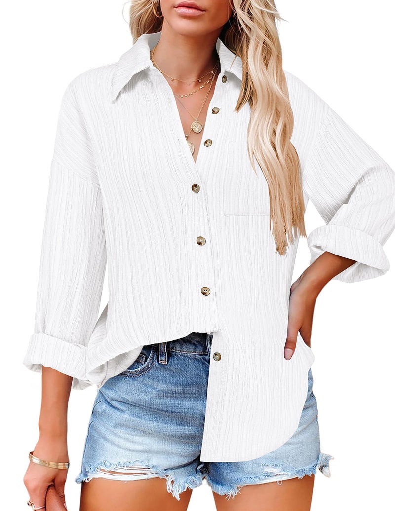 HOTOUCH Button Down Shirt Women Casual Loose Long Sleeve Blouse Fit Drop Shoulder Blouse with Pocket White L - Image 1