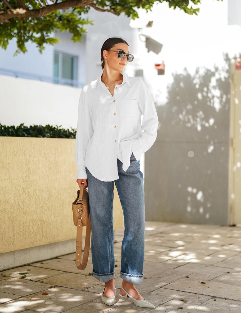 HOTOUCH Button Down Shirt Women Casual Loose Long Sleeve Blouse Fit Drop Shoulder Blouse with Pocket White L - Image 2
