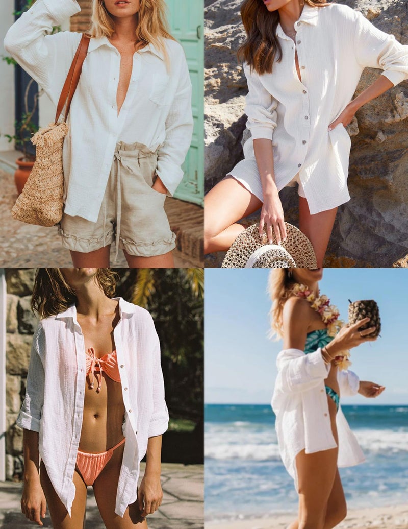 HOTOUCH Button Down Shirt Women Casual Loose Long Sleeve Blouse Fit Drop Shoulder Blouse with Pocket White L - Image 4