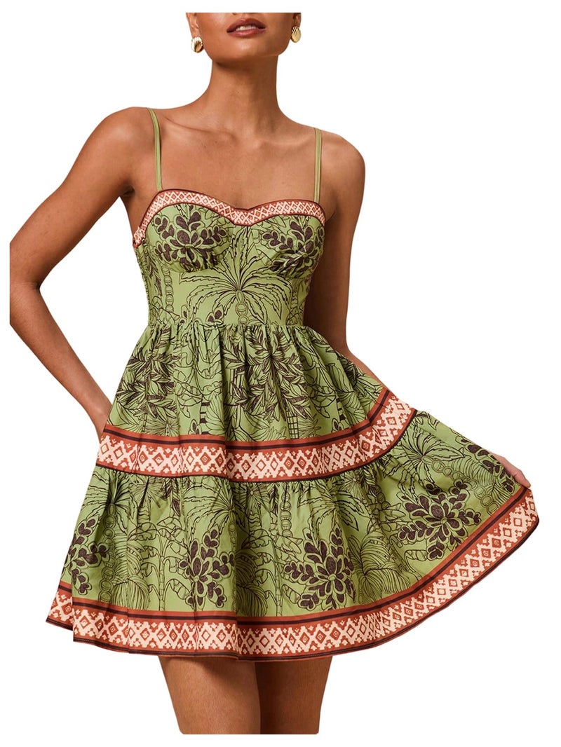 Floerns Women's Floral Summer Mini Dress Spaghetti Strap Vintage Tiered Ruffle Holiday Beach Dresses Green Medium - Image 1
