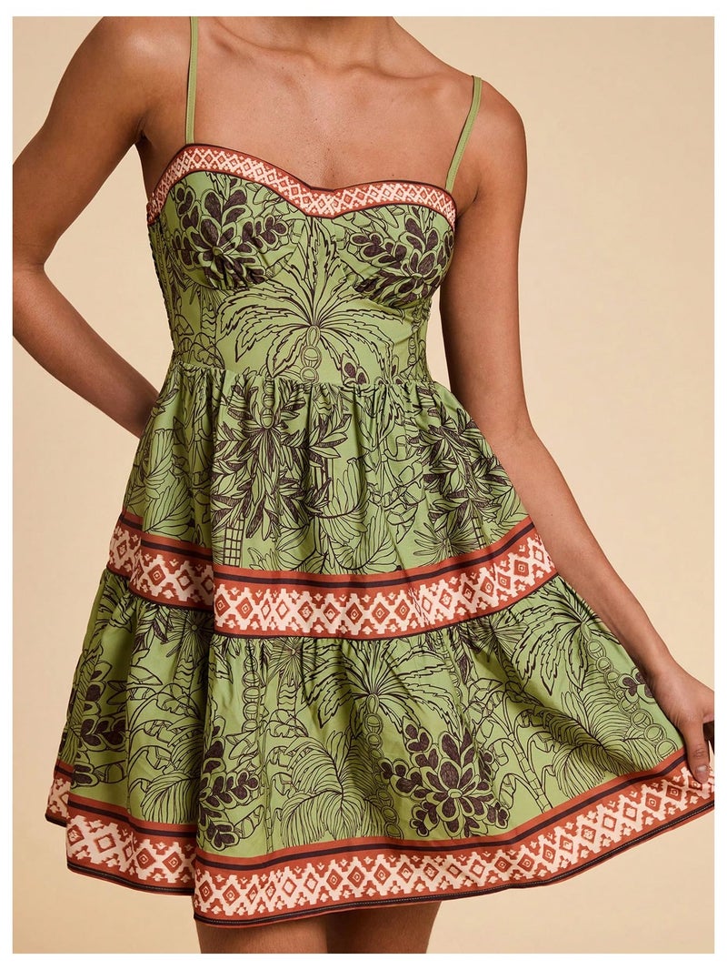 Floerns Women's Floral Summer Mini Dress Spaghetti Strap Vintage Tiered Ruffle Holiday Beach Dresses Green Medium - Image 4