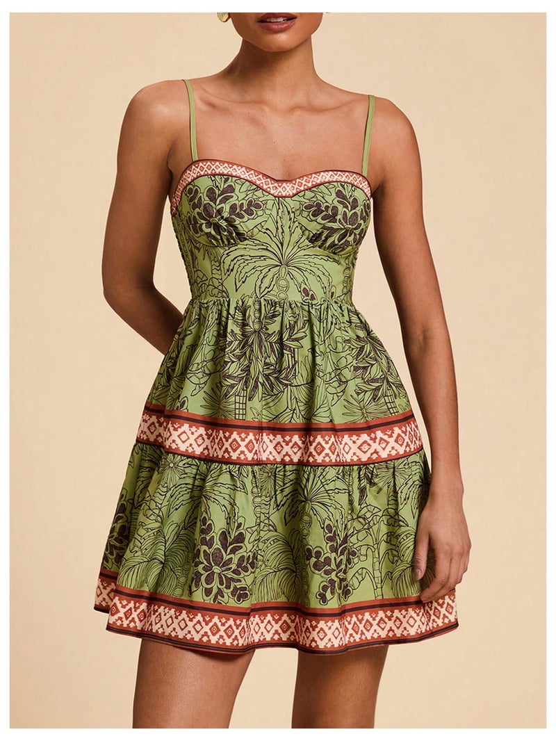 Floerns Women's Floral Summer Mini Dress Spaghetti Strap Vintage Tiered Ruffle Holiday Beach Dresses Green Medium - Image 3