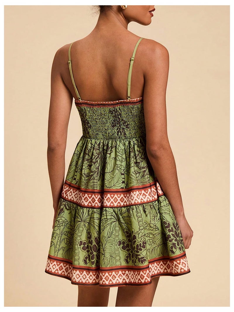 Floerns Women's Floral Summer Mini Dress Spaghetti Strap Vintage Tiered Ruffle Holiday Beach Dresses Green Medium - Image 2