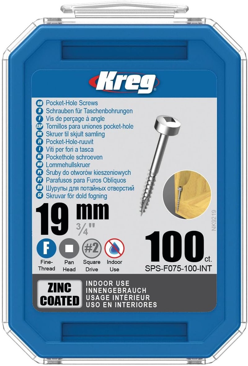 Kreg SPS-F075-100 Pocket Screws, 3/4" #6 Fine-Thread Pan-Head Screws (100 Count) - Zinc Coated - Image 1