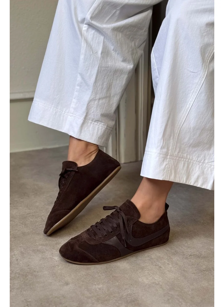 Nişantaşı Shoes Saint Brown Suede Flat Sole Women's Lace-Up Sports Shoes