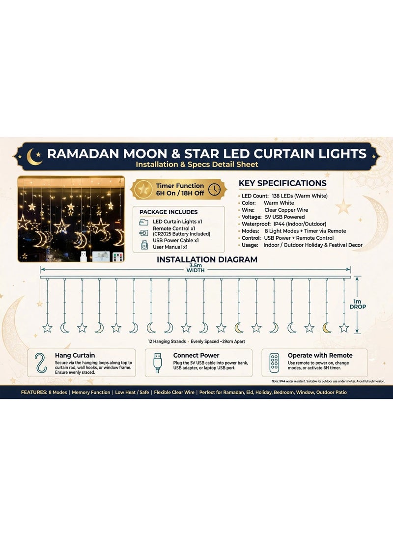 زينة رمضانية للمنزل، ستارة زينة على شكل نجوم وأهلة بطول 3.5 متر، ضوء ليلي LED على شكل نجوم وأهلة، مناسب لتزيين المنزل في رمضان، يعمل بمنفذ USB وعلبة بطاريات (أبيض دافئ). - Image 4
