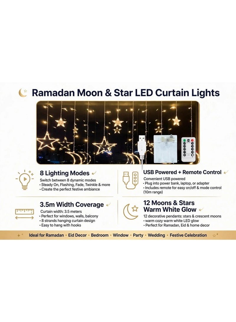 زينة رمضانية للمنزل، ستارة زينة على شكل نجوم وأهلة بطول 3.5 متر، ضوء ليلي LED على شكل نجوم وأهلة، مناسب لتزيين المنزل في رمضان، يعمل بمنفذ USB وعلبة بطاريات (أبيض دافئ). - Image 2