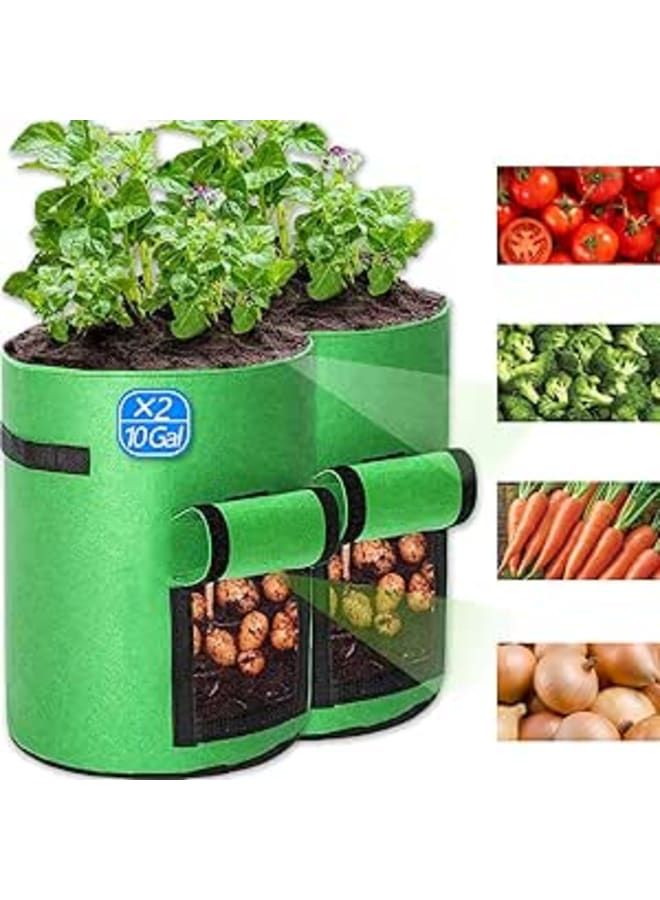 XILILAI 2 Pcs 10 Gallon Potato Grow Bags, Planting Bags - Premium Breathable Nonwoven Cloth Vegetable Grow Bags with Handles & Access Flap for Potato/Plant Container/Aeration Fabric Pots - Image 1